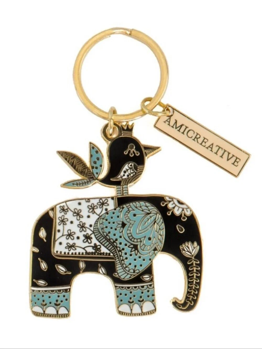 Black & Teal Elephant Keychain with Bird Accent